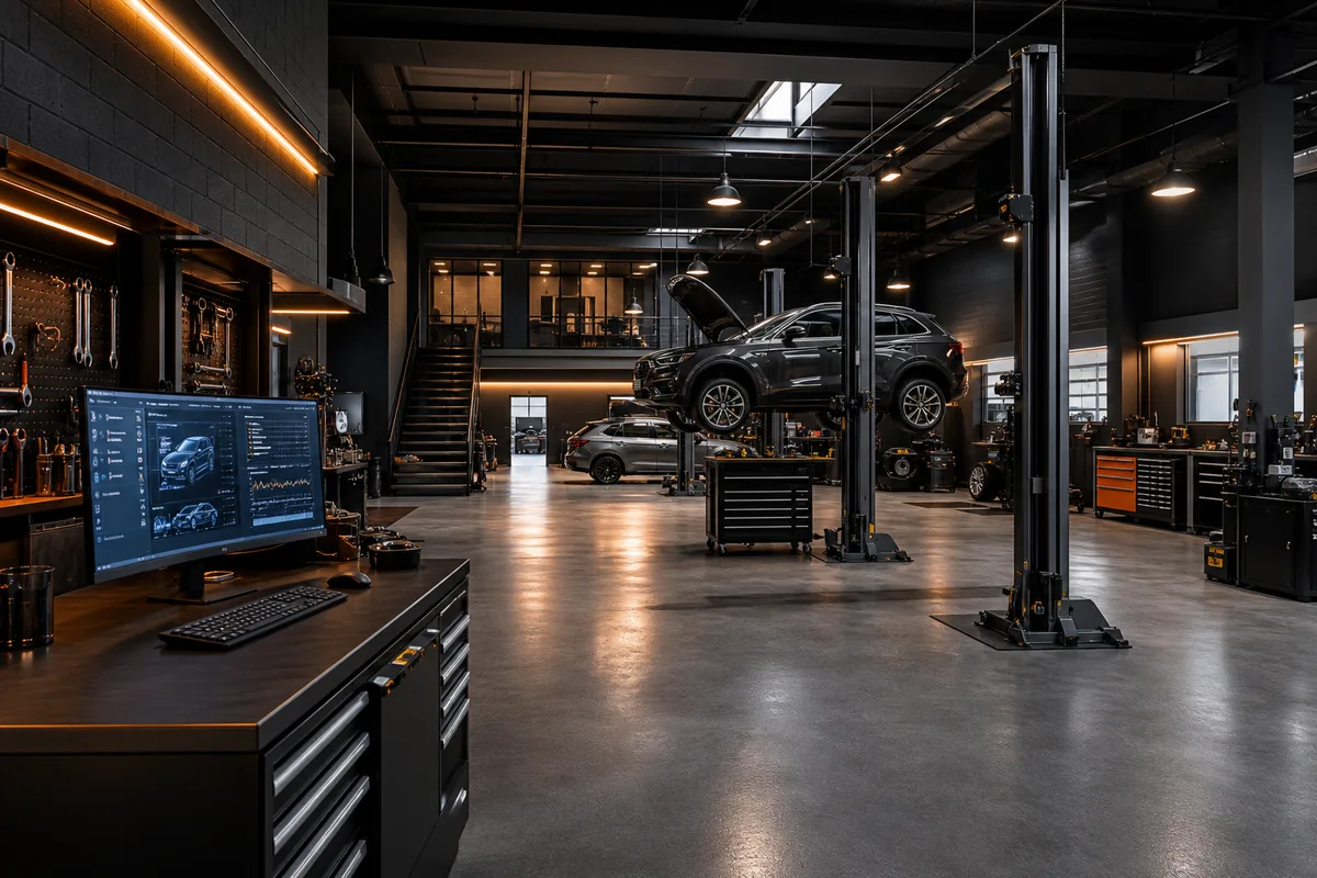 metamorphos workshop interior with diagnostic equipment and service lifts — 1200x800