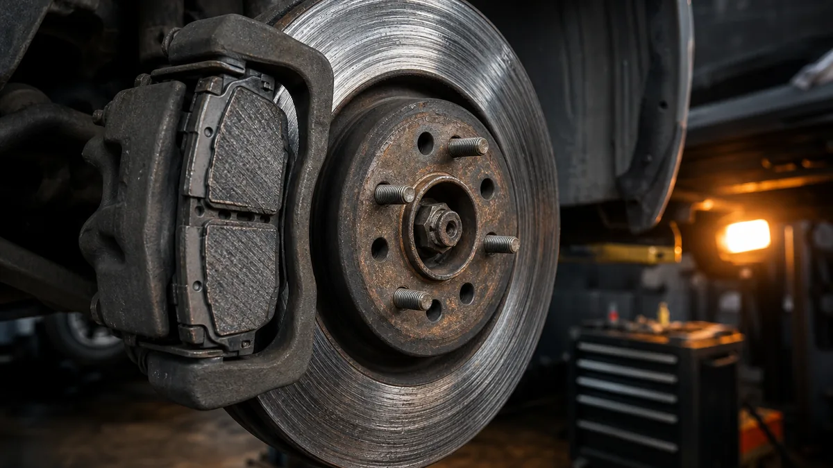 Close view of worn brake pads and rotor surface during inspection — 1200x675