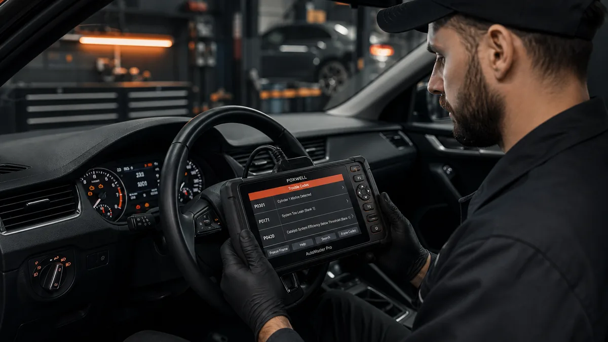 Technician scanning check engine light fault codes on dashboard — 1200x675