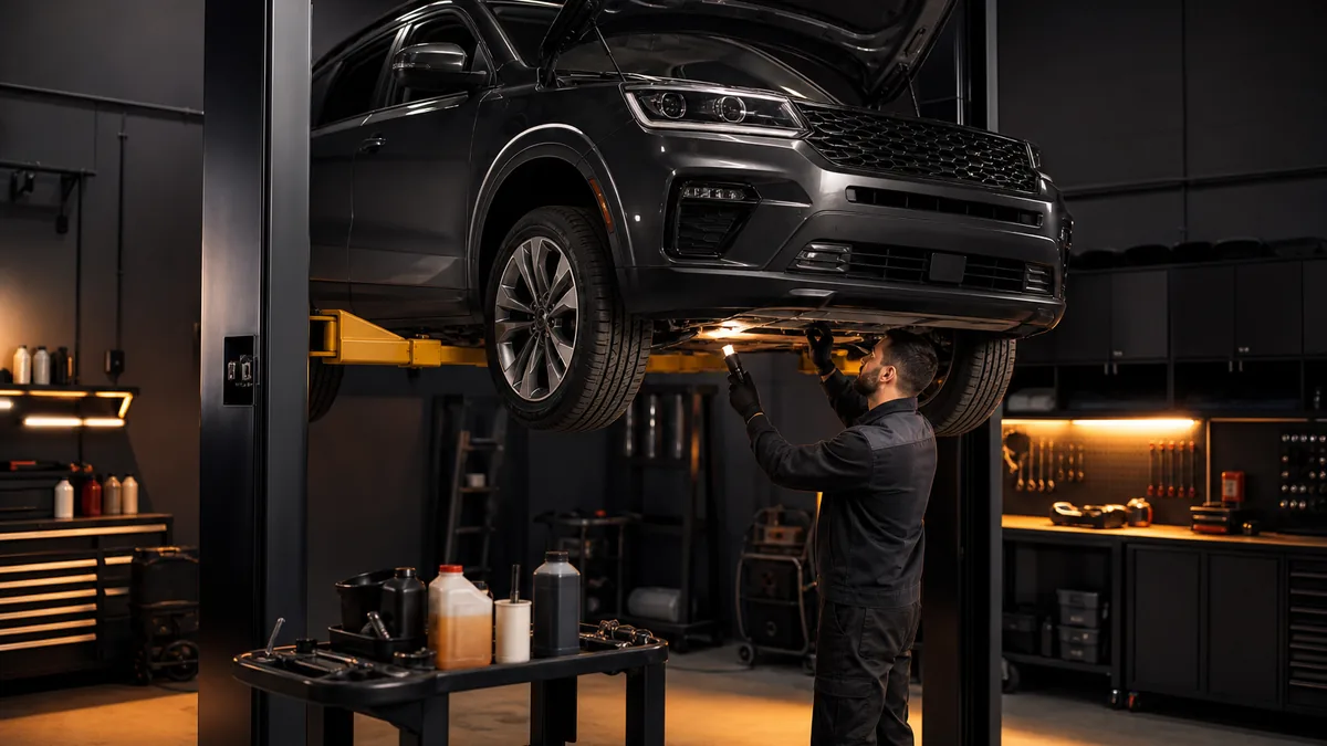 Vehicle undergoing seasonal inspection with tires and fluids checked — 1200x675