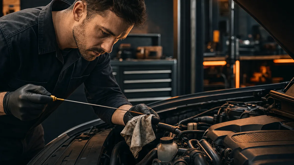 Transmission fluid being checked for color and level during service — 1200x675